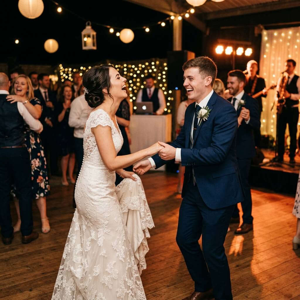 A bride and her brother laughing and dancing together on the wedding dance floor, candid emotional moment, warm lighting.
