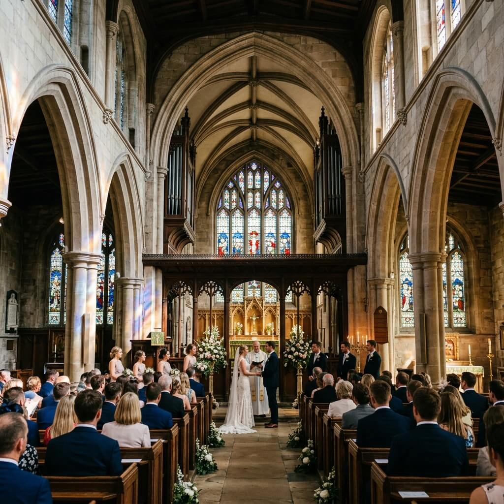 A beautiful traditional church interior during a wedding ceremony, sunlight streaming through stained glass windows, serene and holy atmosphere.