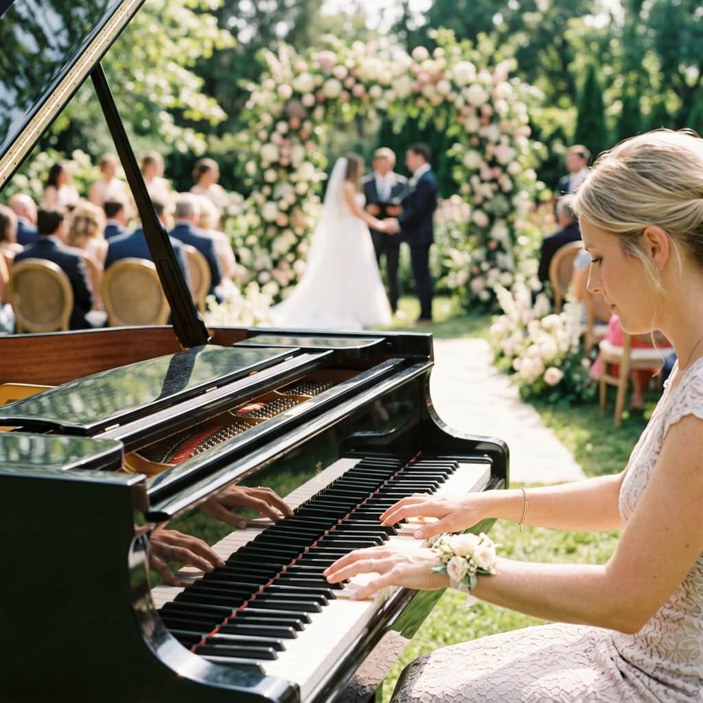 A close-up of a grand piano being played at a sunny outdoor wedding ceremony, soft elegant aesthetic, floral arrangements in background.