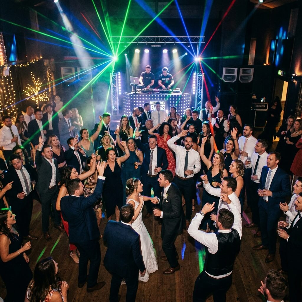 A high-energy wedding reception dance floor, laser lights, DJ booth in the background, guests jumping, cinematic club aesthetic.