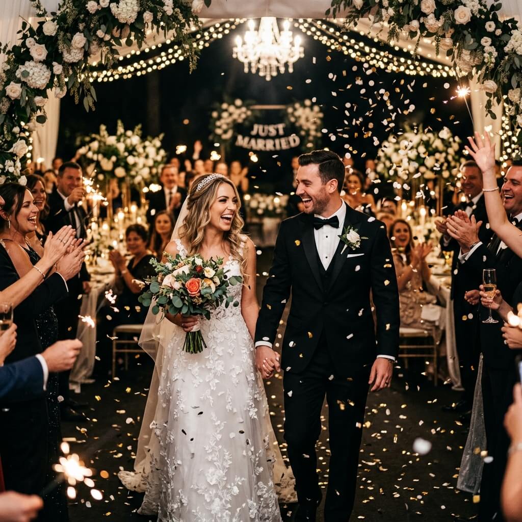 A premium, cinematic photo of a bride and groom making a grand entrance at a wedding reception, confetti falling, joyful expression, elegant lighting.