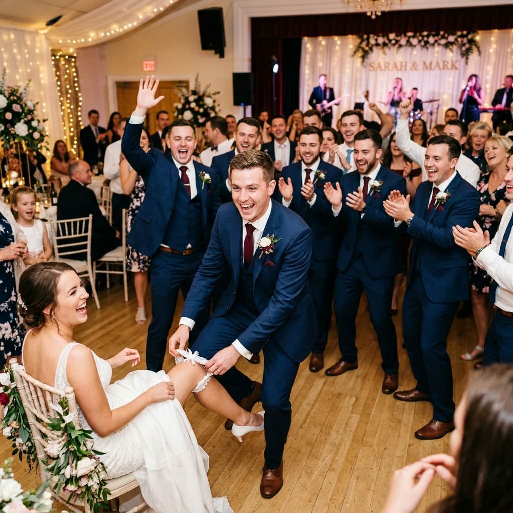 A groom enthusiastically preparing for the garter toss, groomsmen cheering in the background, fun and energetic wedding reception scene.