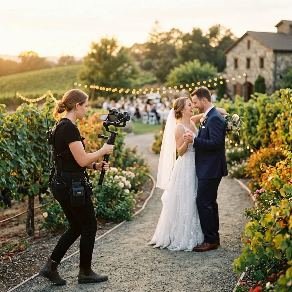 A high-end wedding videographer holding a gimbal camera, capturing a romantic moment, soft golden hour lighting, cinematic aesthetic.